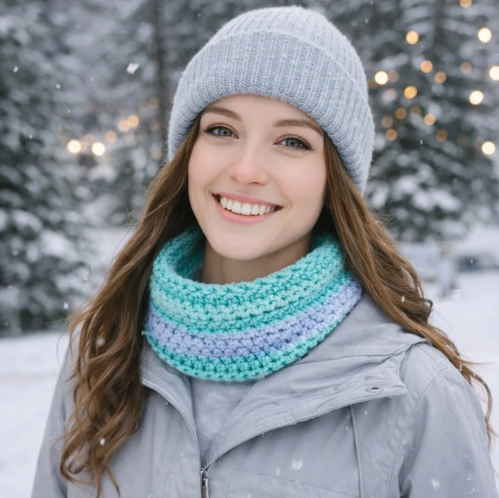 Handmade Adult Size Neck Warmer Cowl Scarflette Blue & Green - New